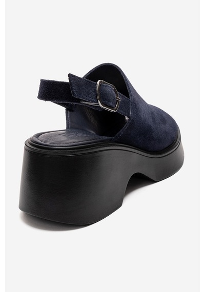 Luvishoes Power Lacivert Süet Hakiki Deri Kadın Dolgu Topuklu Sandalet