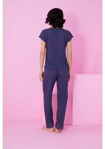 Siyah İnci Soft Touch İnce Mevsimlik Dantel Detaylı Örme Pijama Takım7864 Lacivert