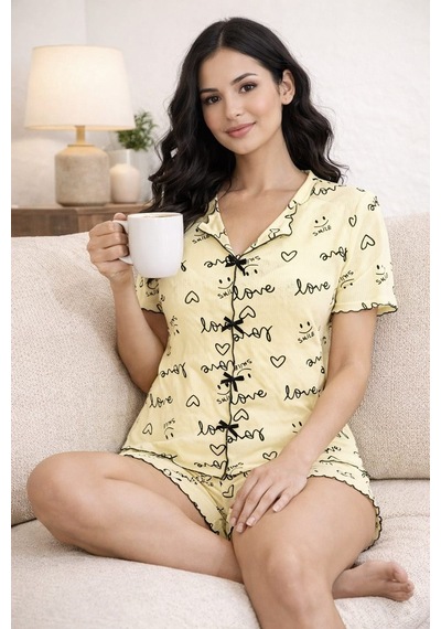 Kadın 01577 Kaşkorse Şortlu Pijama Takımı Sarı