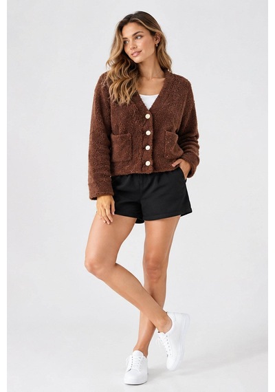Fashion Friends Düğme Detaylı Kahverengi Kadın Hırka 26k0203k1