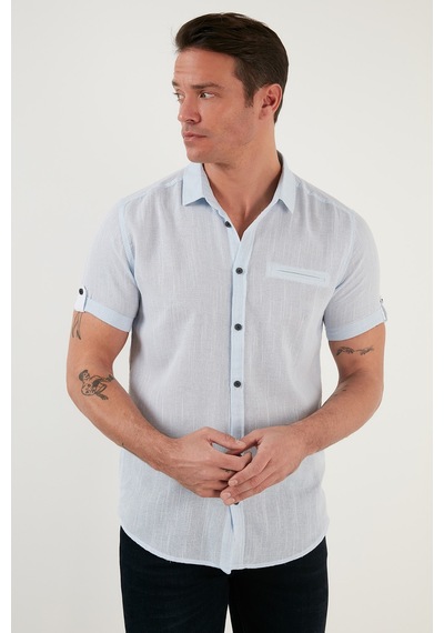 Buratti % 100 Pamuk Keten Görünümlü Slim Fit Kısa Kollu Erkek Gömlek Cf21S111766 Mavi