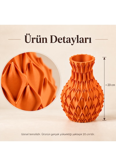 Yaprak Kabartmalı Dekoratif Vazo 20 Cm Kuru Çiçek Ve Pampas Vazosu Turuncu