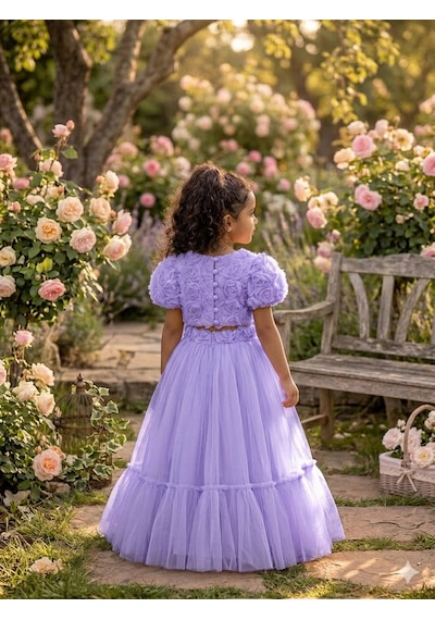 Star Kids Fashion Kız Çoçuk Mor Gül Detaylı Crop Elbise, Kız Çoçuk Mezuniyet Elbisesi Lila