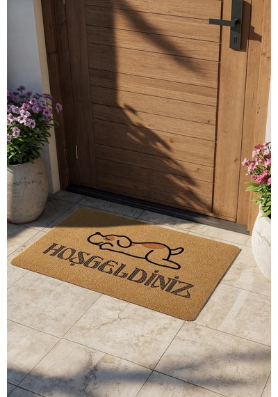 Coco Entry Ps028a Köpekli Hoşgeldiniz Desen Kalın Kaymaz Taban Nem Alıcı Şık Kapı Önü Paspası Hardal