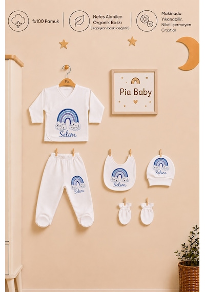 Pia Baby Hastane Çıkışı Erkek Bebek 7 Parça Zıbın Seti %100 Pamuk İsme Özel 1101zyb3x Ekru