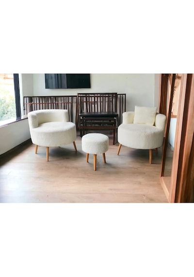 Çay Seti İkili Koltuk Berjer Ve Puf Takımı Salon, Balkon, Ofis 3 Lü Takım Şark Köşesi Beyaz