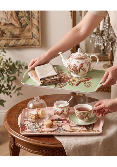 Makaron Ve Çiçek Desenli 2 Li Melamin Sunum Tepsisi Seti Rosave Çok Renkli