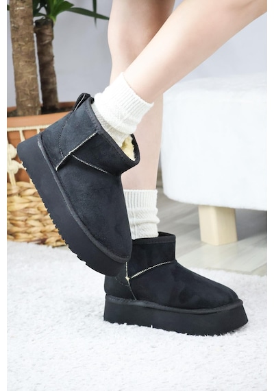 Asmi Shoes Kadın Pavro Süet İçi Kürklü Kalın Taban 4.5 Cm Mini Kısa Bot Siyah Siyah