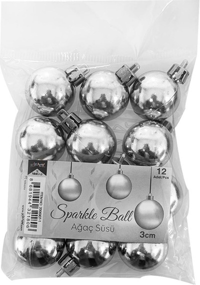 Yılbaşı Ağaç Süsü Gümüş Renkli Top Noel Süs 3 Cm 12 Adet