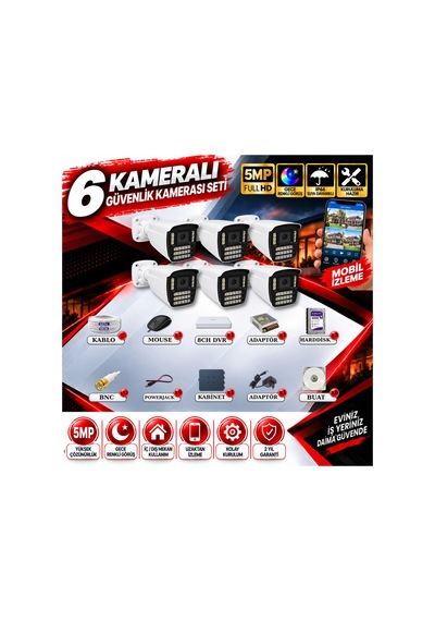 6 Kameralı Güvenlik Kamerası Seti 5mp Yapay Zeka Gece Renkli Görüş 21 Warm Led Ultra Hd 521w