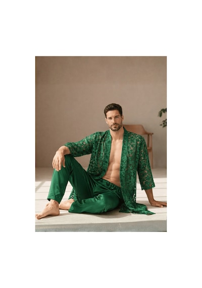 Qmen Style Erkek Kimono Takımı 3 Lü Dantel Set Bornoz + Pantolon + Şort Yeşil
