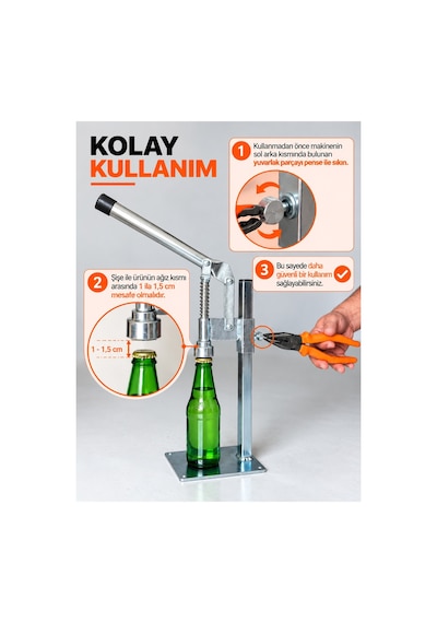 Gazzel Şişe Kapatma Aleti Gazoz Soda Şişesi Taç Kapak Makinası + 500 Adet Gazoz Kapağı Açık Gri