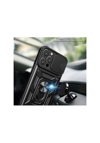 İphone 12 Pro Max Uyumlu Tank Kılıf Yüzük Standlı Tam Darbe Koruma Zırhlı Outdoor Kapak Siyah Şeffaf