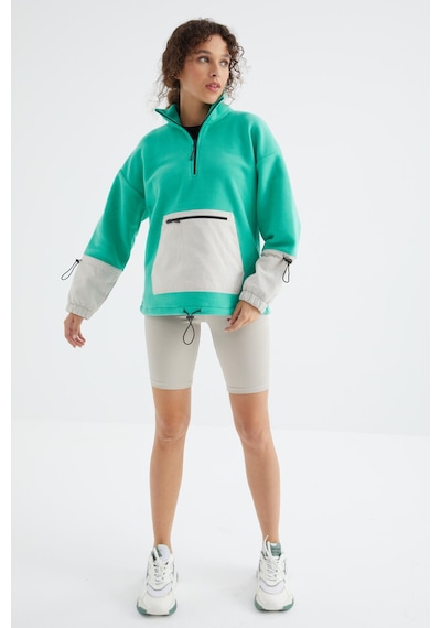 Tommy Life Deniz Yeşili Etek Ucu Büzgülü Yarım Fermuarlı Oversize Kadın Polar Sweatshirt - 97238 Yeşil