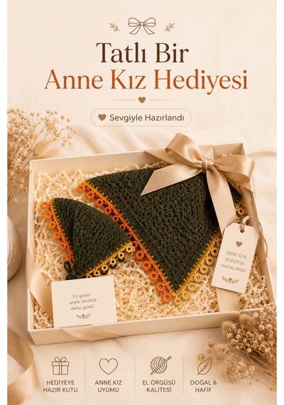 Anne Kız Kombin Bandana El Örgüsü Saç Bandı Bohem Stil Ayarlanabilir 2li Set Haki
