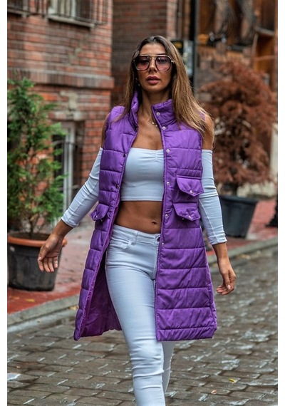 Veraura Lifestyle Koyu Mor Dik Yaka Cep Detaylı Uzun Şişme Yelek Lila