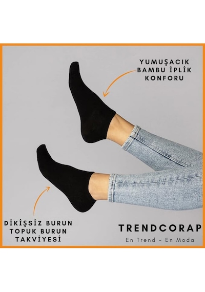 Trendcorap Premium Bambu Erkek Sneaker Görünmez Bilekte Spor Çorap 10 Lu Özel Kutu Siyah
