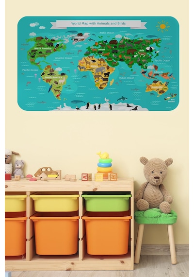 Eğitici Dünya Haritası Dünya Atlası Çocuk Ve Bebek Odası Duvar Sticker-60x105-3780 - Renkli Çok Renkli