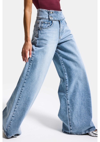 Itsbasic Kadın Ice 4s6-3 Süper Palazzo Kemer Detaylı Komfort Kumaş Denim Jean Buz Mavi