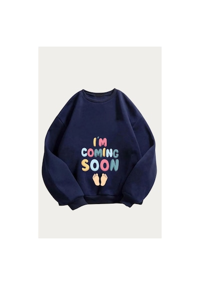 Caxis Kadın I'm Coming Soon Baskılı Hamile Oversize Bisiklet Yaka Sweatshirt Lacivert