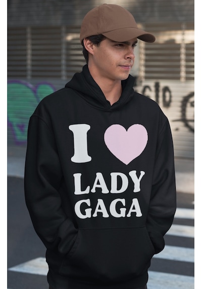 Sevbano I Love Lady Gaga Yazılı Unisex Oversize Şarkıcı Hoodie Siyah