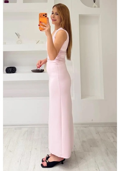 Fiolin Soft Touch Bel Büzgülü Modal Uzun Elbise Pembe