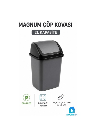 Magnum 2 Litre Sallanır Kapaklı Mini Çöp Kovası Masaüstü Banyo Mutfak Antrasit