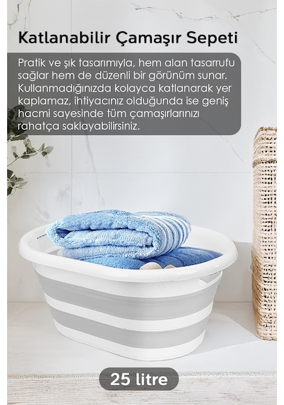 7'li Banyo Seti - 90 Lt Kirli Sepeti Latte Katlanabilir Çamaşır Sepeti Su Kovası Maşrapa File Krem