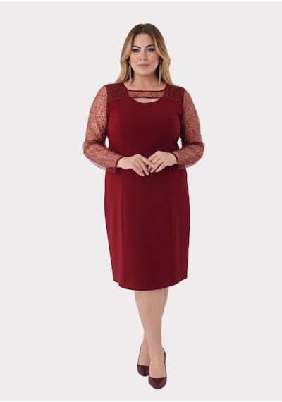 Lilas Xxl Büyük Beden Bordo Renkli Kısa Krep Abiye Elbise