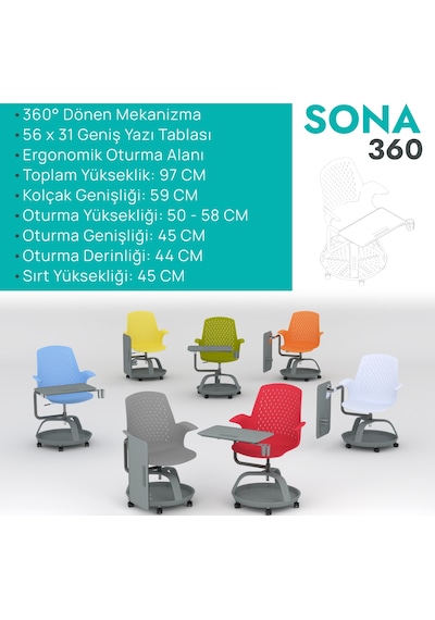 Karr Office Sona 360 Yazı Tablalı Mobil Eğitim Sandalyesi Beyaz