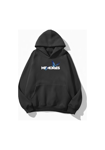 Uyguntarz Unisex Yumuşak Dokulu Butterfly Memories Baskılı Tasarım Oversize 3 İplik Hoodie Sweatshirt Gri