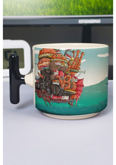 Howl's Moving Castle Anime Baskılı Seramik Lüks Kupa 1 Adet T Şeklinde Özel Siyah Kulp Dalga Kulp V2t Çok Renkli
