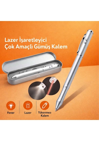 Metal Kutulu Kırmızı Lazerli, Beyaz Led Işıklı Pointer İşaretçi Kalemi Metal Tükenmez Kalem Gümüş