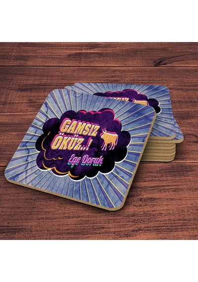 Kişiye Özel Retro Ahşap Bardak Altlığı Gamsız Öküz Duvar Yazılı 1 4 Adet Çok Renkli