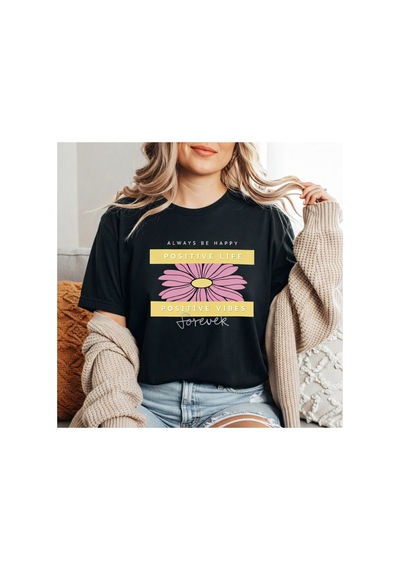 Herkesemoda Always Be Happy Baskı Detaylı Basic T-shirt Siyah