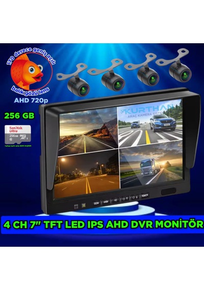 4 Adet Ledsiz Ahd 720p Balık Gözü Lens Kelebek Kamera 7 İnç Qled Hybrid Dvr Monitör 12 Volt 256 Gb