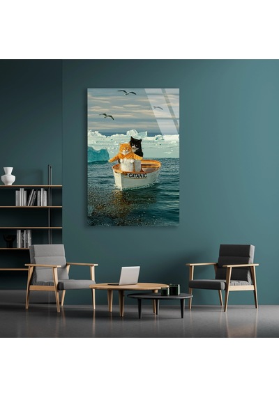 Kedi Teknede Buzdağı - Cam Tablo - Deg1568 80 X 125 Cm