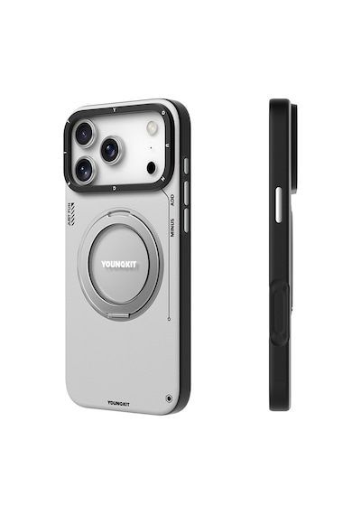 Apple Uyumlu iPhone 17 Pro Kılıf M-safe 360 Standlı Basit Mat Deri Desenli Youngkit Tech Leather Serisi Kapak Gri Gri