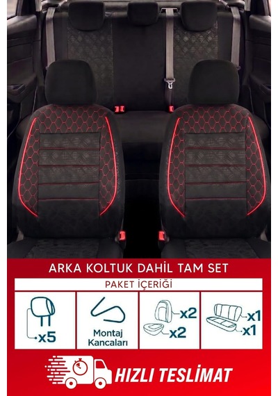 Gof Serisi Universal Oto Koltuk Kılıfı Tam Set Siyah Kırmızı Şeritli Standart