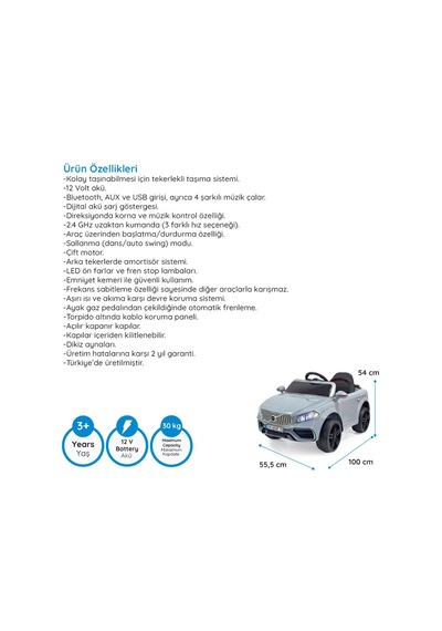 Venom Gt 12 Volt Uzaktan Kumandalı Led Farlı Vites Sistemli Emniyet Kemerli Akülü Araba Gri