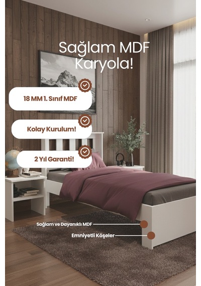 Stark Tek Kişilik Mdf Karyola Ve 2 Komodinli Set