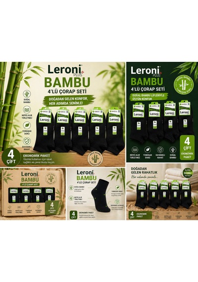 Qulat Leroni Plus Bambu Erkek Patik Çorap 4 Lü Set 40-44 Numara Nefes Alır Terletmez Ekonomik Paket Siyah