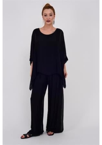 Bohem Stil İtalyan Yarasa Kol İpek Bluz & Pantolon Takım-8767 Siyah1 Siyah