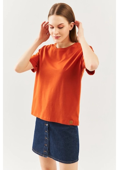 Kadın Rahat %100 Pamuklu Penye Bisiklet Yaka Kısa Kol Basic T-shirt Kiremit