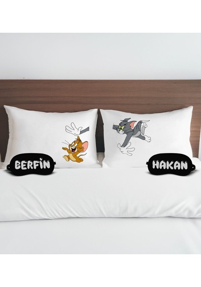 Bk Gift Kişiye Özel Eğlenceli Kedi Tasarımlı Pamuklu Yastık Kılıfı Ve Göz Bandı Çift Uyku Seti-4, Tasarım Ev Tekstili, Uyku Bandı, Ev Hediyesi