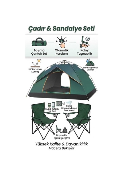 Kamptek 4 Kişilik Otomatik Kurulum Çift Katmanlı Kamp Doğa Deprem Plaj Çadırı 200 200 140cm Ve 2'li Kamp Sandalyesi Seti - Yeşil - Mavi Yeşil Kamptek 4 Kişilik Otomatik Kurulum Çift Katmanlı Kamp Doğa Deprem Plaj Çadırı 200 200 140cm Ve 2'li Kamp Sandalyesi Seti - Yeşil - Mavi Yeşil