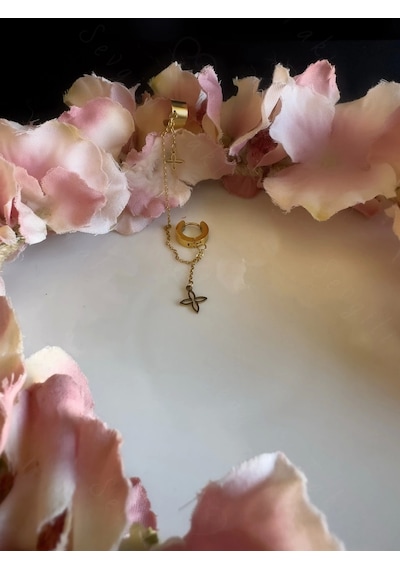 Sevgili Takı Lotus Detaylı Tragus / Kıkırdak Bağlantılı Gold Çelik Küpe Şans Serisi Bir Adet Gold