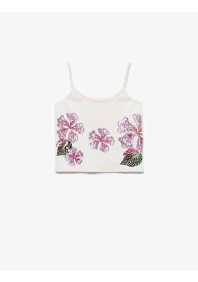 Koton Pamuklu Çiçekli Kolsuz Askılı Pullu Payetli Crop Bluz Ekru 5sal30316ık Ekru