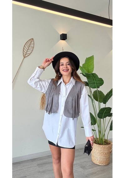 Duygudan Püskül Detaylı Modern Yelek Güçlü Ve Özgür Stil-gri - Gri