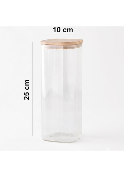 Borosilikat Kare Cam Saklama Kavanozu, Bambu Kapaklı Vakumlu Erzak Kavanozu, Çizgili Cam Kavanoz, 10 X 25 Cm, Makarna, Diğer